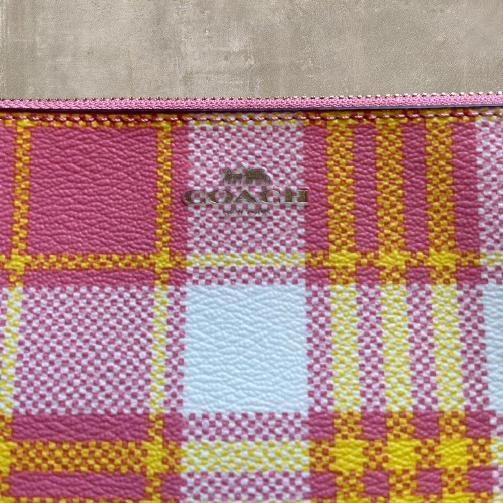 Coach Plaid Wristlet Pink Yellow Zip Pouch NWT - Picture 3 of 4